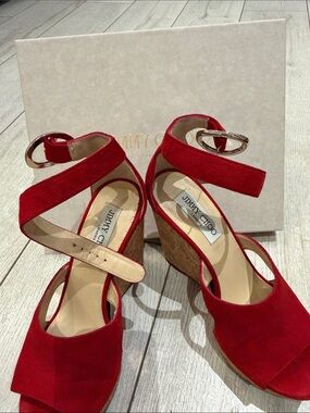 Jimmy Choo Red Suede Cork Wedge Sandals with Ankle Wrap